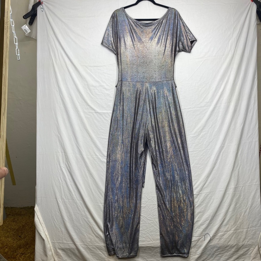 Metallic Iridescent Jumpsuit Silver Short Sleeve Wide Leg Disco Festival